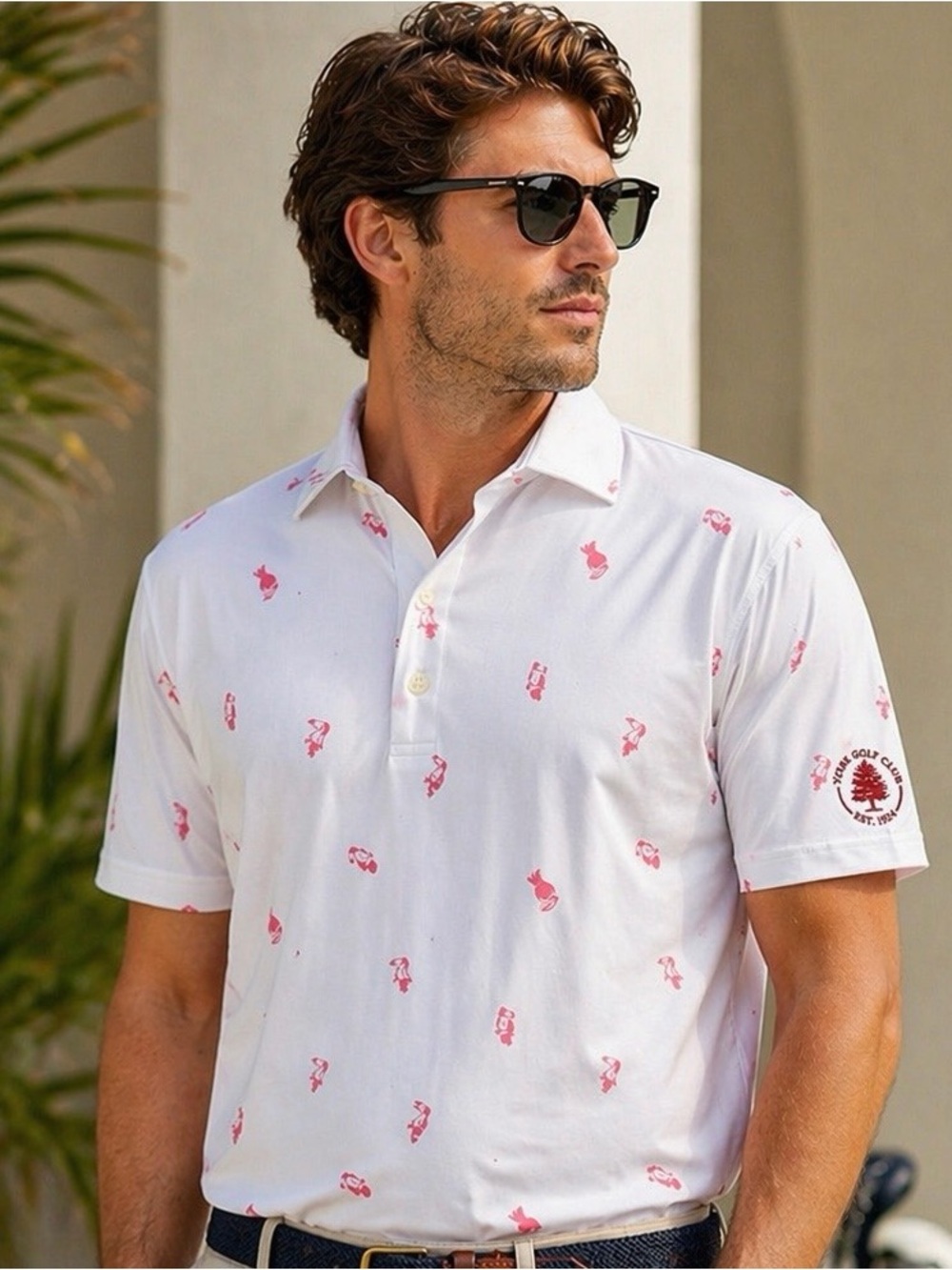 johnnie-O White Polo with Pink Motif Print